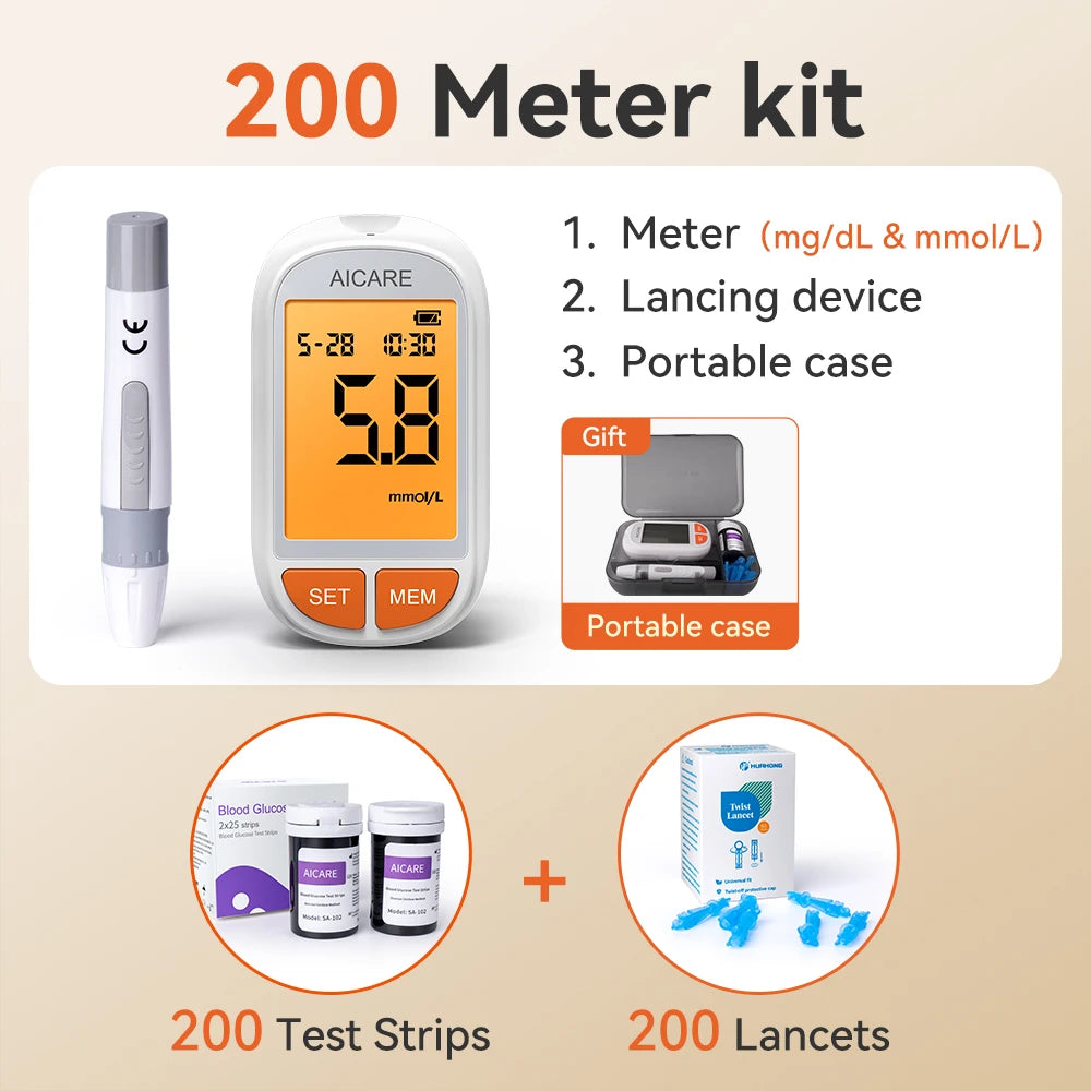 Aicare Blood Glucose Meter &ndash; Portable Accurate Glucometer A601-200Meter Kit