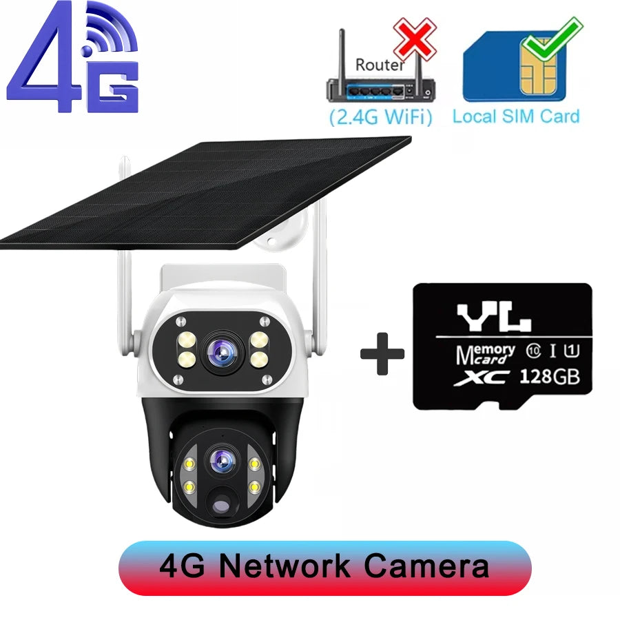 V380 8MP Dual Lens 4G Camera Solar PIR Human Detection Night Vision Waterproof Security Video IP Camara 4K Battery CCTV Monitor 4G Camera 128G Card