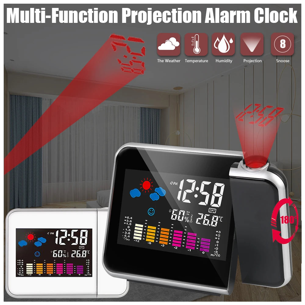 Rotatable Digital Alarm Clock with Time Projection and Weather Station Features