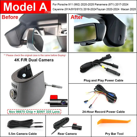 Plug and Play Hidden 4K Dash Cam Car DVR Front/Rear Camera For Porsche Panamera Cayenne Macan Taycan 911 718 2010-2025 by InterCyprus Trading Ltd