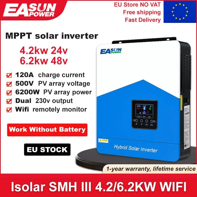 Easun Power 4.2kW 24V/48V MPPT solární invertor nabíječka s off-grid dvojitým výstupem čisté sinusové vlny 230V 50/60Hz
