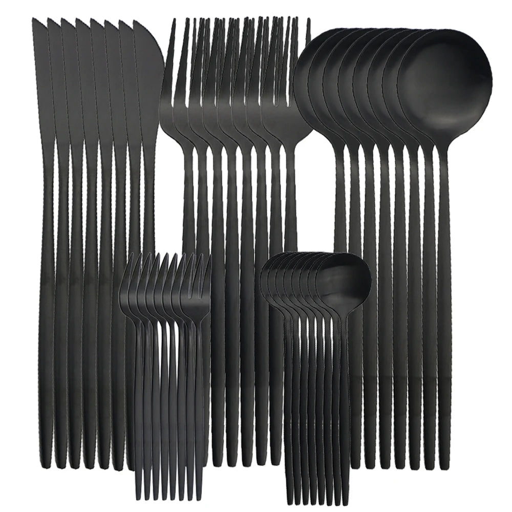 KNGZI 40Pcs Dinnerware Set &ndash; Elegant Matte Gold Cutlery Black