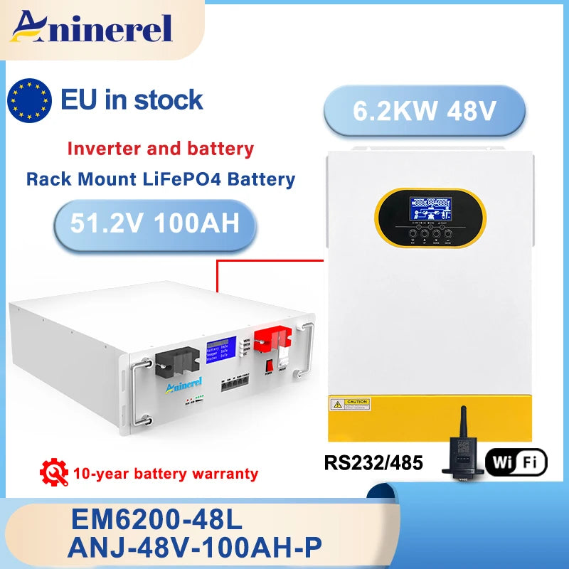 Πακέτο Μπαταρίας Aninerel LiFePO4 51.2V 100Ah 6kWh Με 6000 Κύκλους, 48V 100A BMS, 6.2kW Αντιστροφέα Για Ηλιακή Αποθήκευση