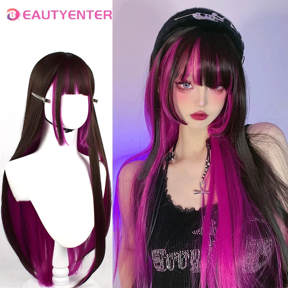 BeautyEnter Pink Long Straight Wig with Bangs for Cosplay and Daily Use Natural Black