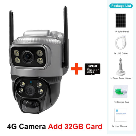 V380 Dual Lens 4G Camera with Solar PIR 4G Cam 32GB Card