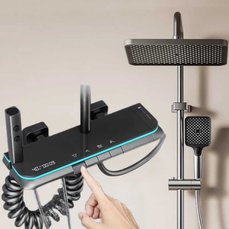 Shower System with Brass Core and Chrome Finish, Tempered Glass Square Design, Digital Display