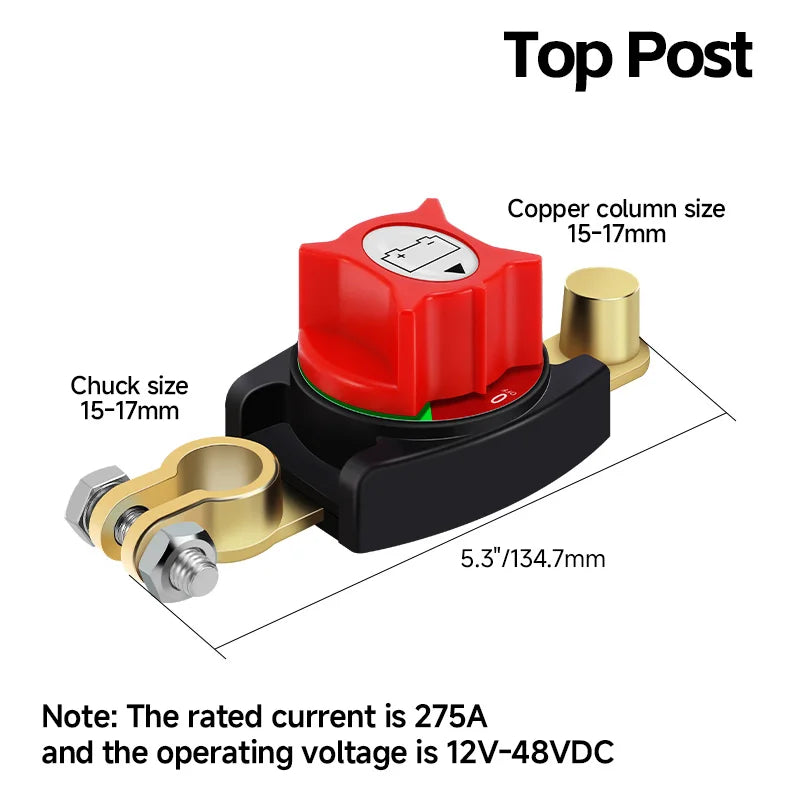 12-48V Car Isolator Disconnect Rotary Switch - 275A Battery Cutoff for Car, RV, Boat Top Post