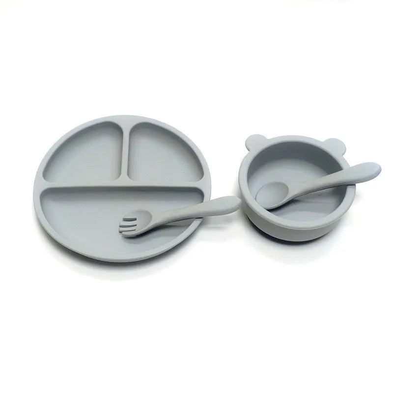 CZSAE 4pcs Silicone Tableware Set &ndash; Safe Suction Cup Design for Children silver gray