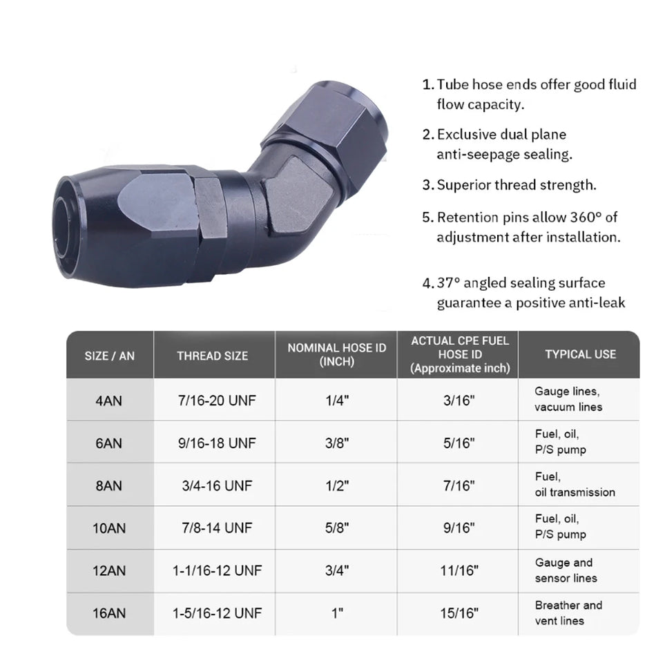 Adaptor de racordare cu capăt de furtun rotativ din aluminiu AN4, drept, la 45 de grade, la 90 de grade