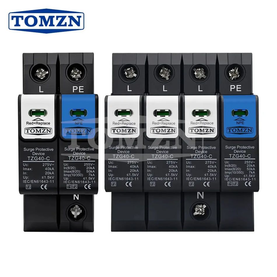 TOMZN N-PE Surge Protector SPD 1P+NPE & 3P+NPE, Discharge Tube 20-50kA, 230V/380V AC, Pluggable T1+T2 Flame-Retardant Housing by InterCyprus Trading Ltd