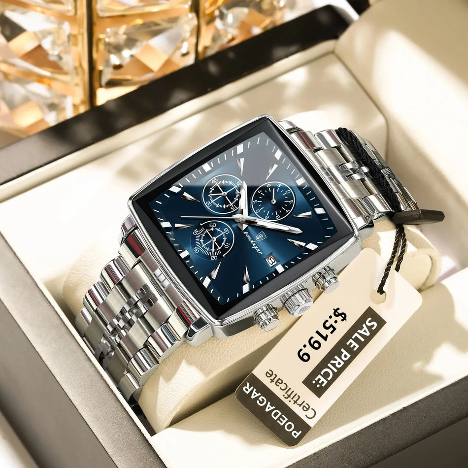 Orologio quadrato in acciaio inossidabile per uomini, impermeabile, cronografo luminoso