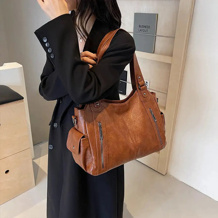 Women PU Leather Crossbody Zipper Tote Bag For Work Travel Brown