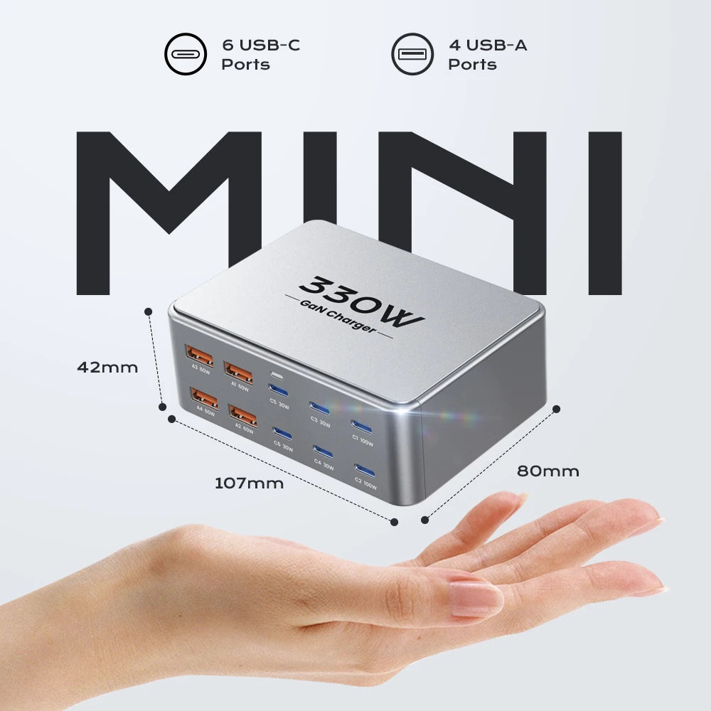 TOPZERO 330W GaN USB C Charger &ndash; Ultra-Fast 10-Port Charging
