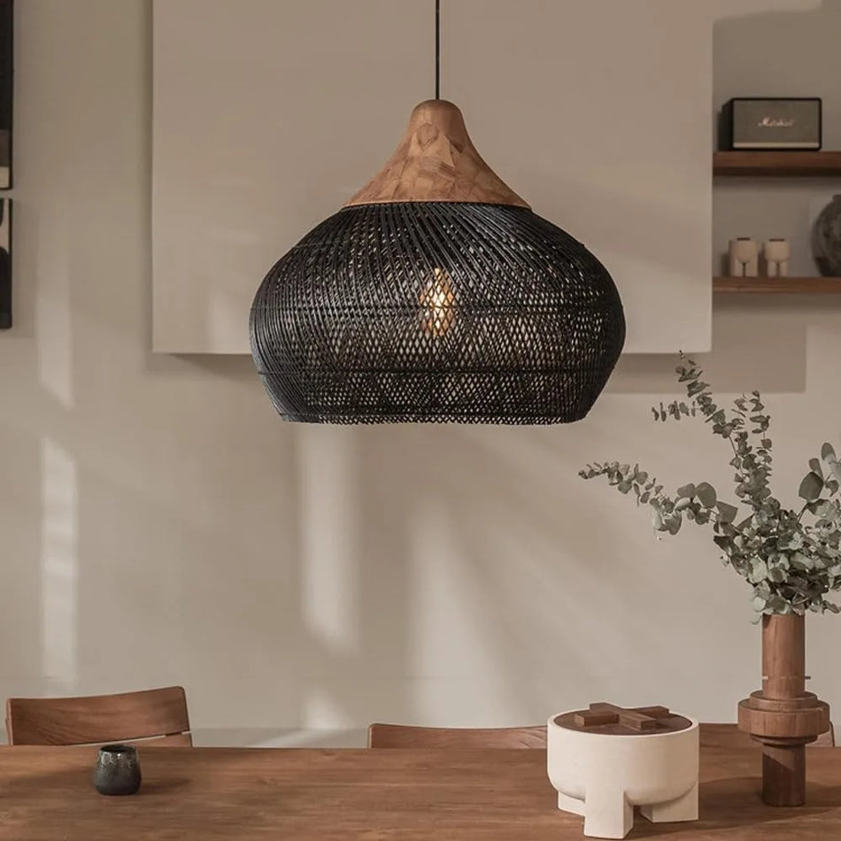 Vintage Rattan Pendant Light with Woven Black Lampshade, Handmade, E27 LED, 40 to 60 cm Dia for Dining Room