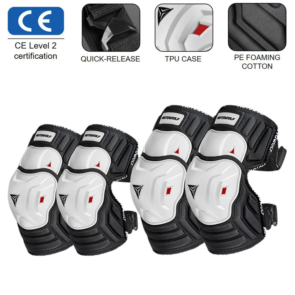 CSHWISDOW Shockproof Adjustable Knee Pads for Motorcycle Racing 4-piece set  White