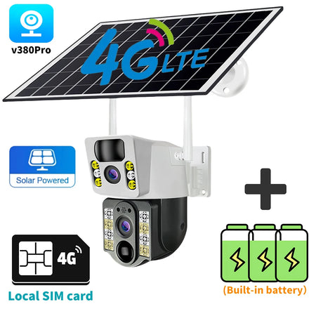 V380 Pro 8MP HD Solar Camera WIFI Smart Home Security Protection Home 360 Monitor 4K 4G SIM Card Outdoor with Battery 4G Network 4G Cam No Card