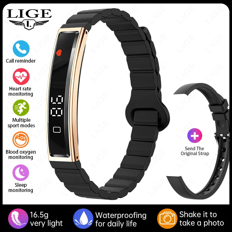 LIGE Fashion Smart Bracelet &ndash; Call Alerts and Heart Rate black gold / Double straps