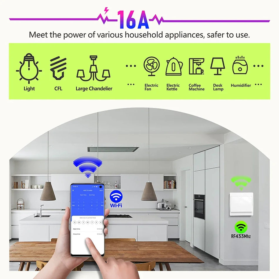 Smart WiFi Wandschalter 433MHz, 110-240V, 16A, Tuya, Alexa und Google Home