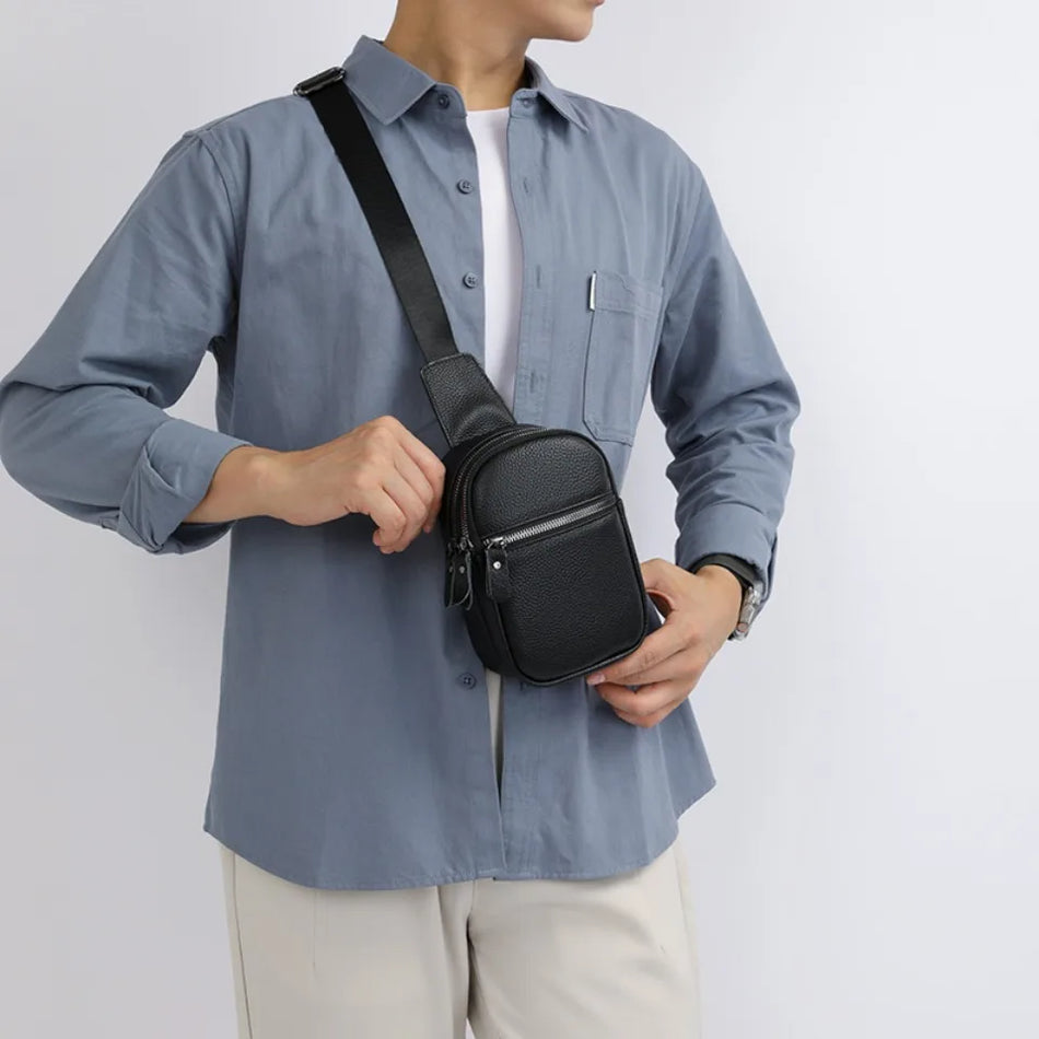 Genuine Cowhide Leather Unisex Chest Bag for Men and Women Crossbody Travel Shoulder Pack