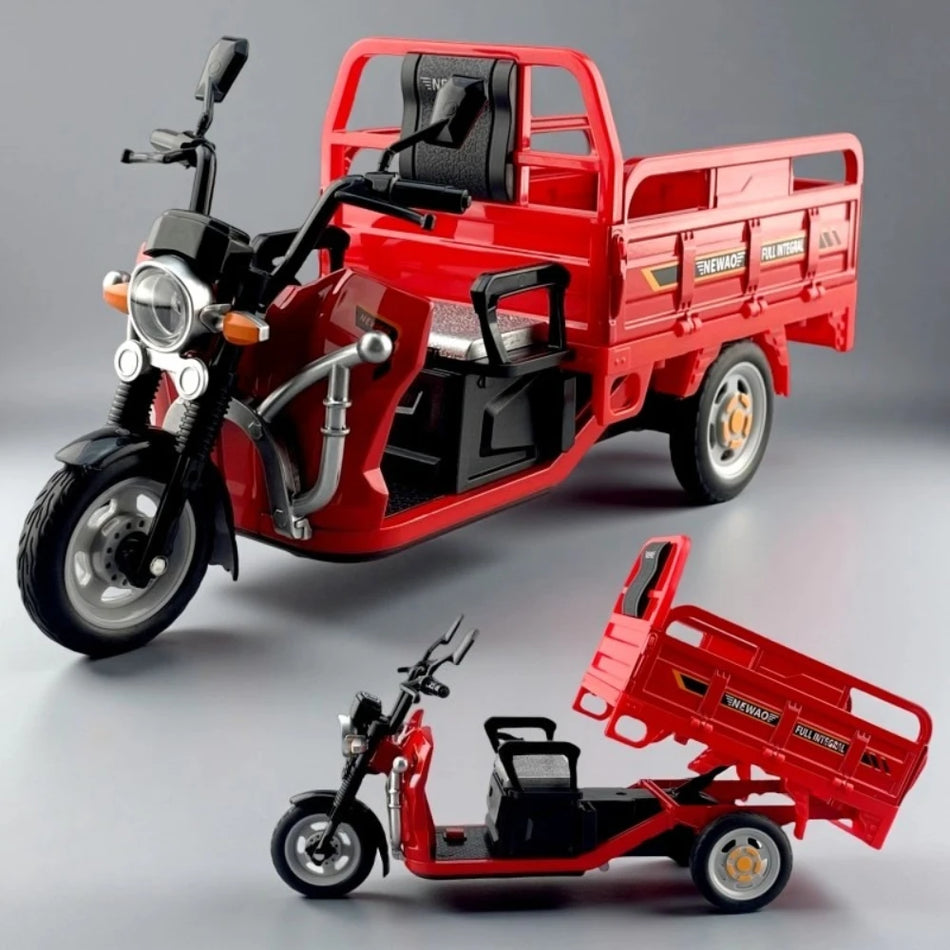 1:12 mēroga sakausējuma diecast trīsriteņu motocikla rotaļlieta ar skaņu un gaismām