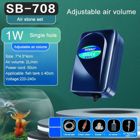 SOBO Silent Aquarium Oxygen Air Pump - Ultra Silent SB708 air stone set / CHINA