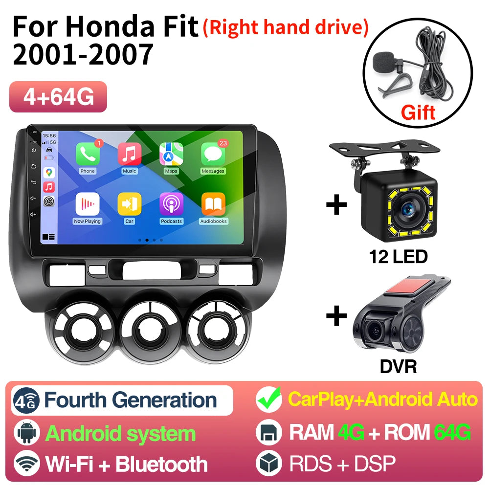 9inch Car Radio For Honda Fit 2001-2007 - Wireless CarPlay B 4 64G 12LED DVR