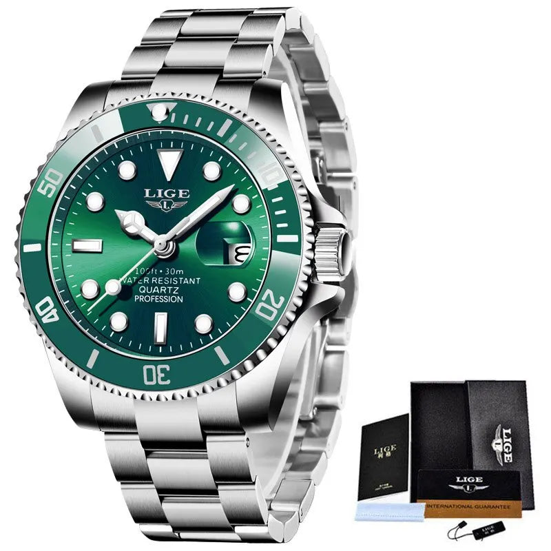 LIGE Luxury Fashion Diver Watch Men &ndash; 30ATM Waterproof Date silver green