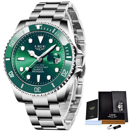 LIGE Luxury Fashion Diver Watch Men &ndash; 30ATM Waterproof Date silver green