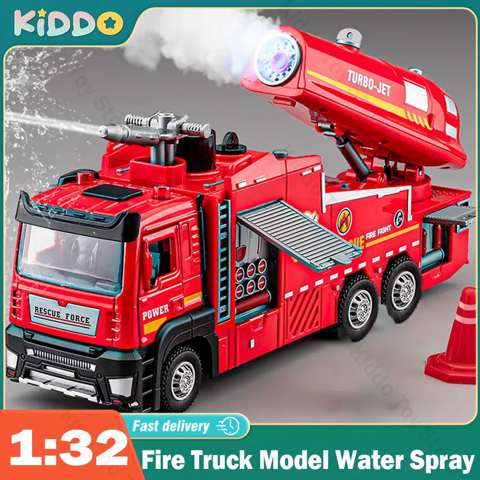 1/32 Alloy Fire Truck Model with Light, Sound, and Water Spray Features