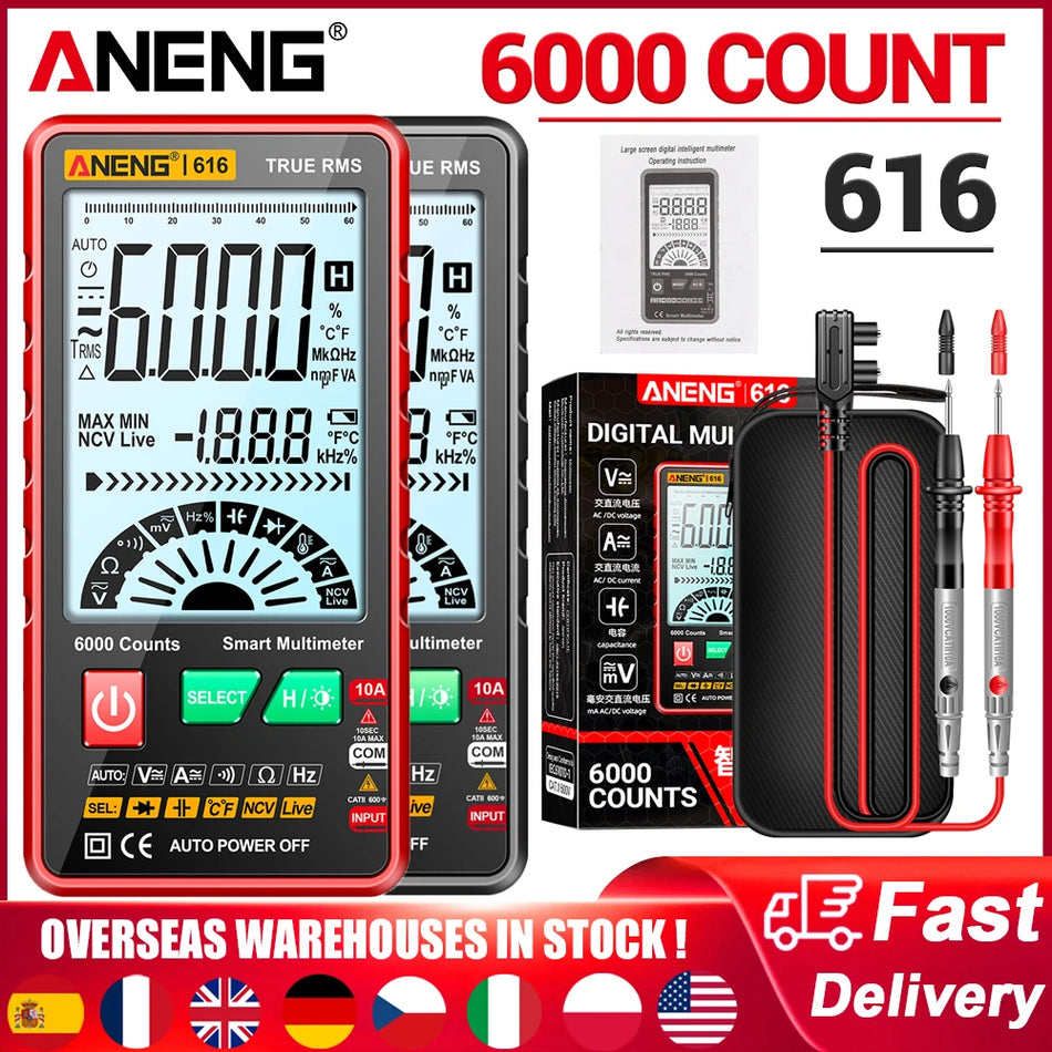 ANENG 616 Smart Digital Multimeter 6000 Counts Auto Range True RMS Resistans AC/DC Voltmeter Amperemeter LCD NCV Universal Meter