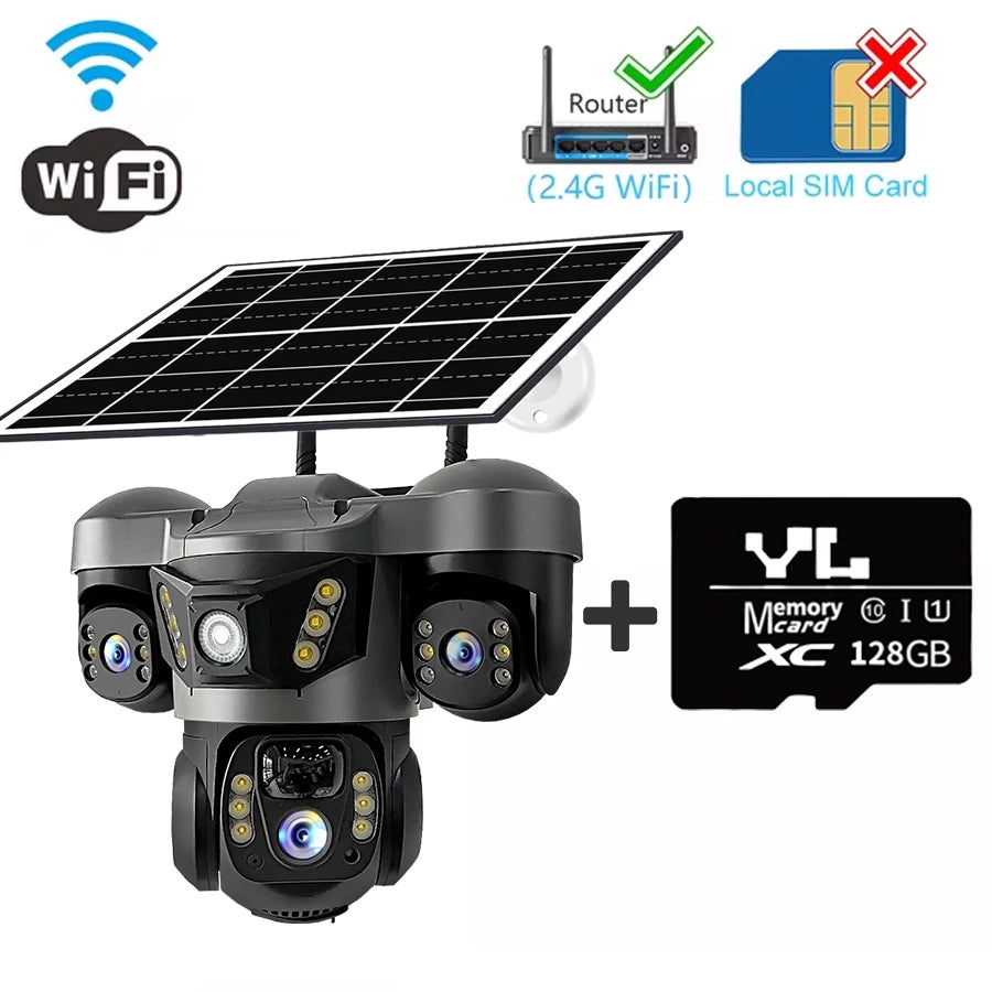 15MP WIFI Solar Camera &ndash; Triple Lens Waterproof Security WiFi Cam 128G Card