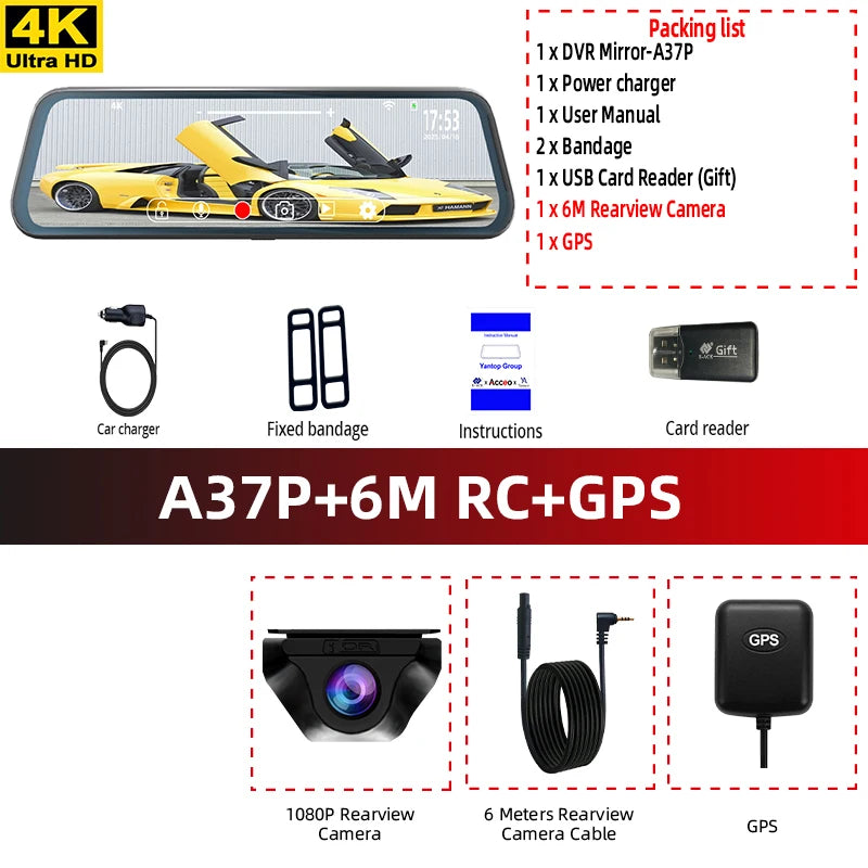 ACCEO Black Glass 4K Dashcam Mirror - Night Vision GPS A37P-6M RC-GPS / 128GB
