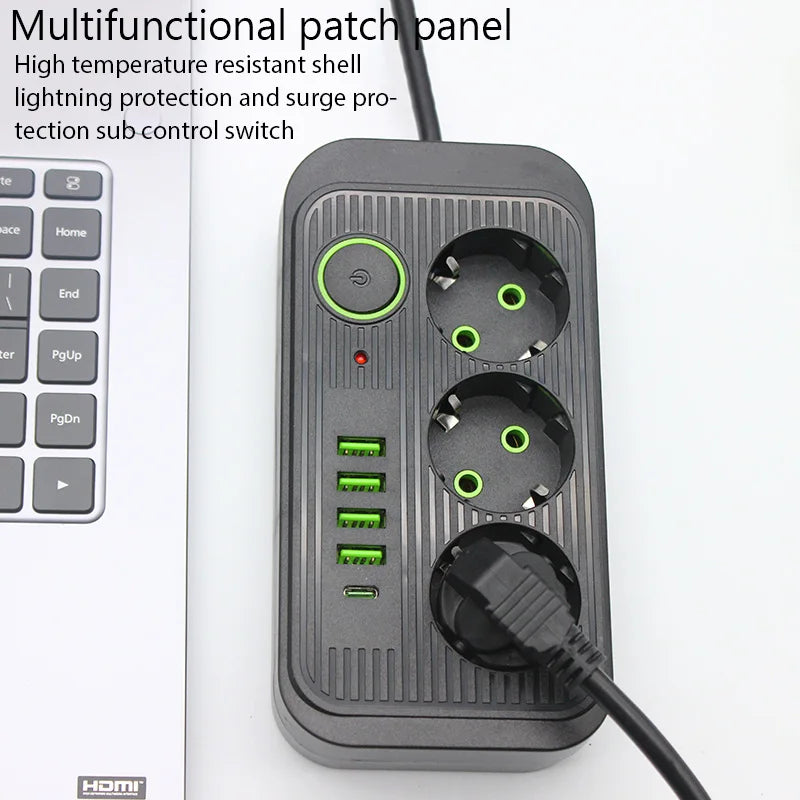 EU Plug Power Strip 2M Extension Cable &ndash; Fast USB Charging