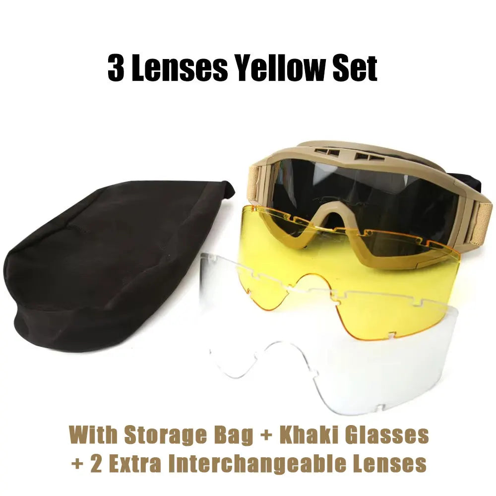 Tactical Goggles with 3 Interchangeable Lenses, Windproof Dustproof Safety Glasses for Outdoor Climbing Sport Protective Eyewear 3 Lenses Set Khaki