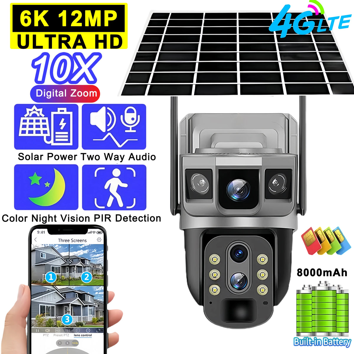 3 Lens 12MP 4G Solar CCTV Camera IP Wireless Smart Home Security Video Surveillance Solar Power Built in Battery Outdoor IP Cam