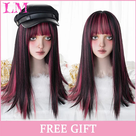 LIANGMO 24-Inch Heat-Resistant Pink Straight Wig with Bangs LIANGMO 8