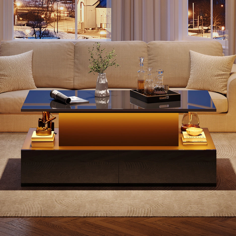 Mesa de café moderna negra brillante con LED y cuatro cajones