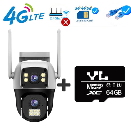 4K 8MP 4G SIM IP Camera Dual Lens Outdoor Waterproof 360&deg; Human Detect Video Surveillance Security  CCTV Protection PTZ Cameras 4G Camera 64G Card / US Plug