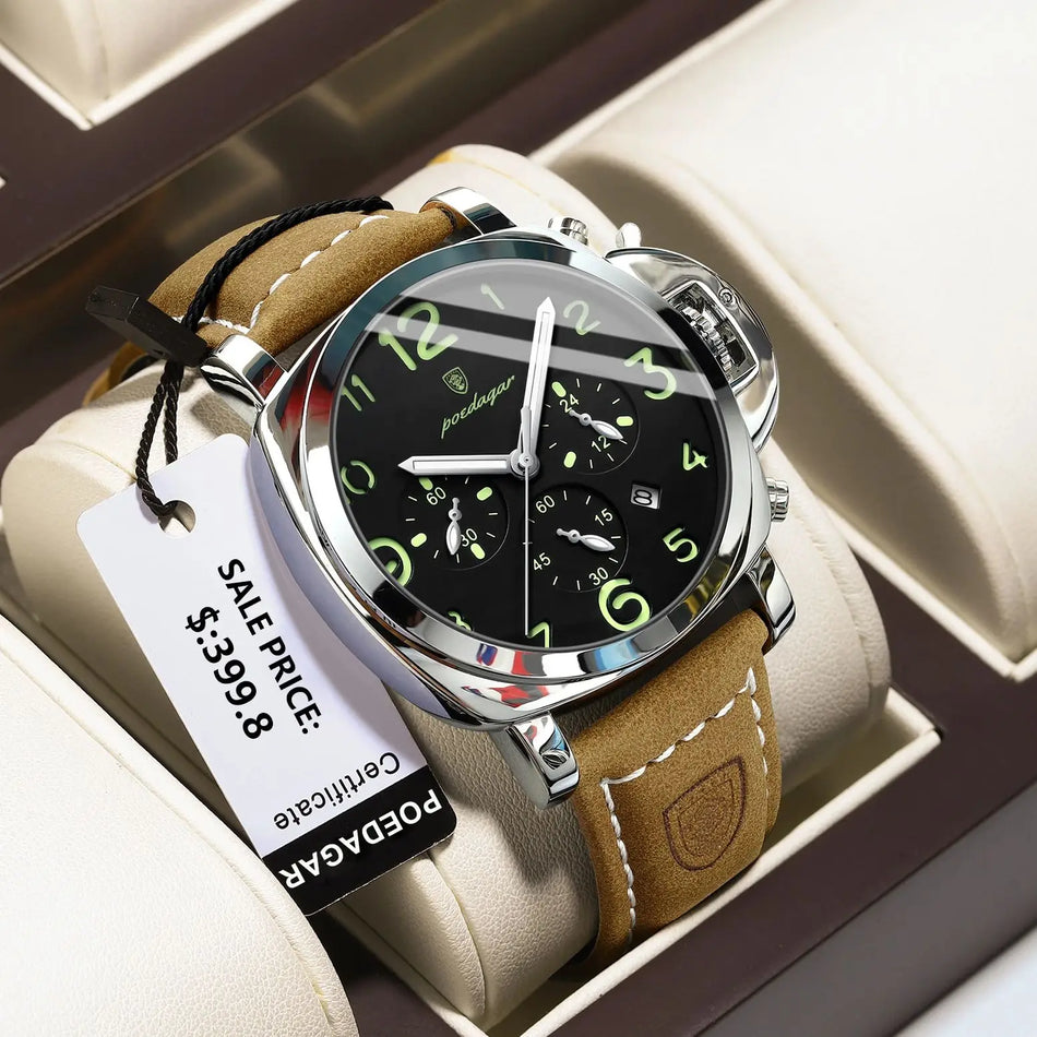 Luxury Military Watch for Men, Waterproof, Luminous Leather Strap, Quartz