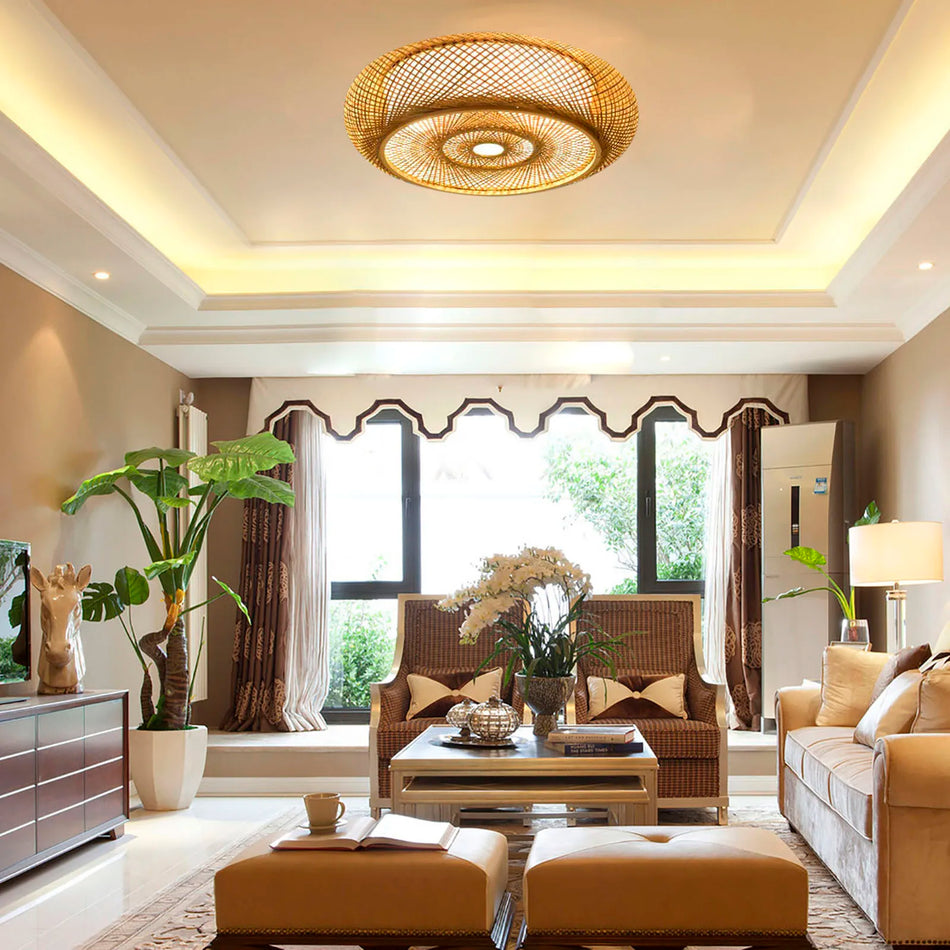 Rustična bambusova stropna svetilka – ročno tkana bobnasta zasnova