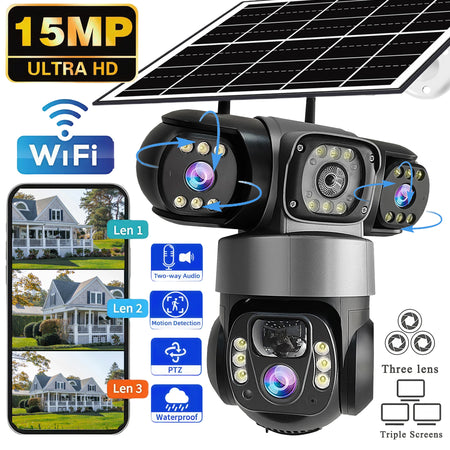 V380PRO 15MP WiFi Solar Camera 3 Lens 360 Outdoor Waterproof CCTV Night Vision Two-Way Audio Camera Mobile Tracking HD IP Camera
