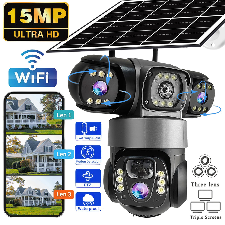 V380PRO 15MP WiFi Solar Camera 3 Lens 360 Outdoor Waterproof CCTV Night Vision Two-Way Audio Camera Mobile Tracking HD IP Camera