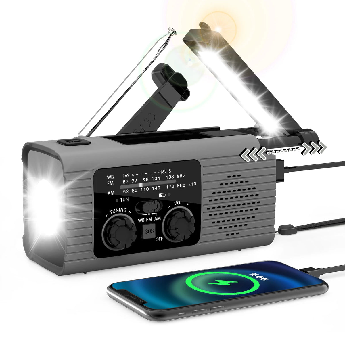 FMAM Solar Hand Crank Emergency Radio - Portable Light Black