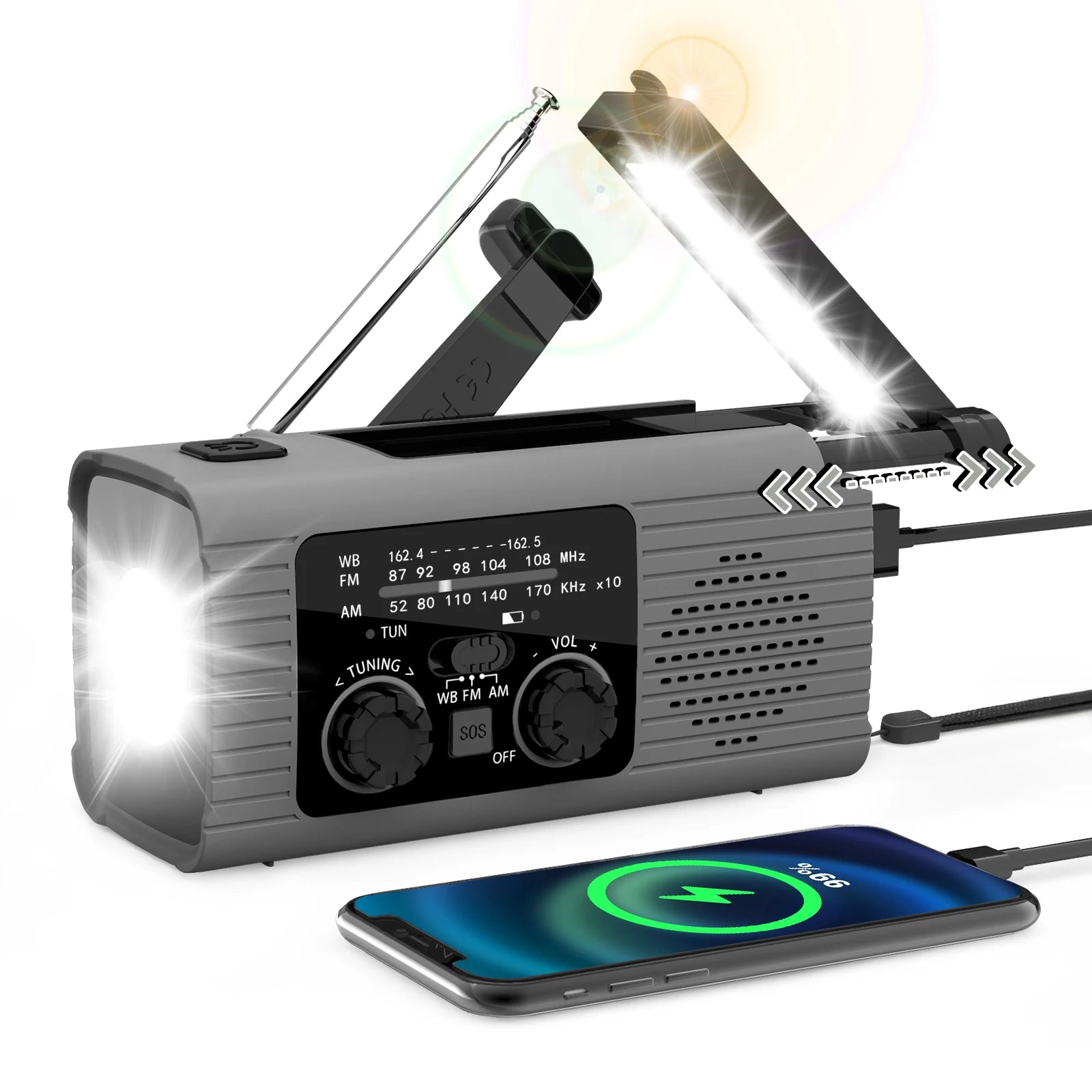 FMAM Solar Hand Crank Emergency Radio - Portable Light Black