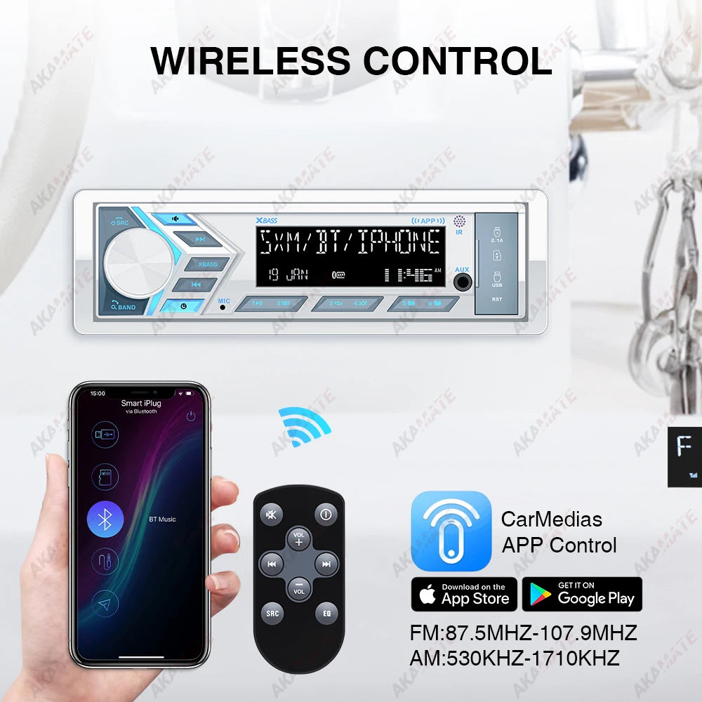 AKAMATE 1Din Boat Radio - Bluetooth USB AUX Marine Stereo