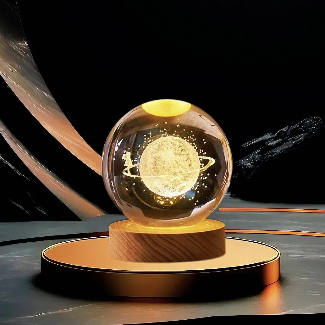 6cm 3D Crystal Ball &ndash; Wooden Base And Planet Earth Display Dark Khaki