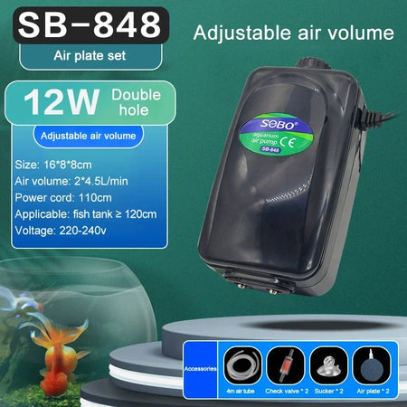 SOBO Silent Aquarium Oxygen Air Pump - Ultra Silent SB848 air plate set / CHINA