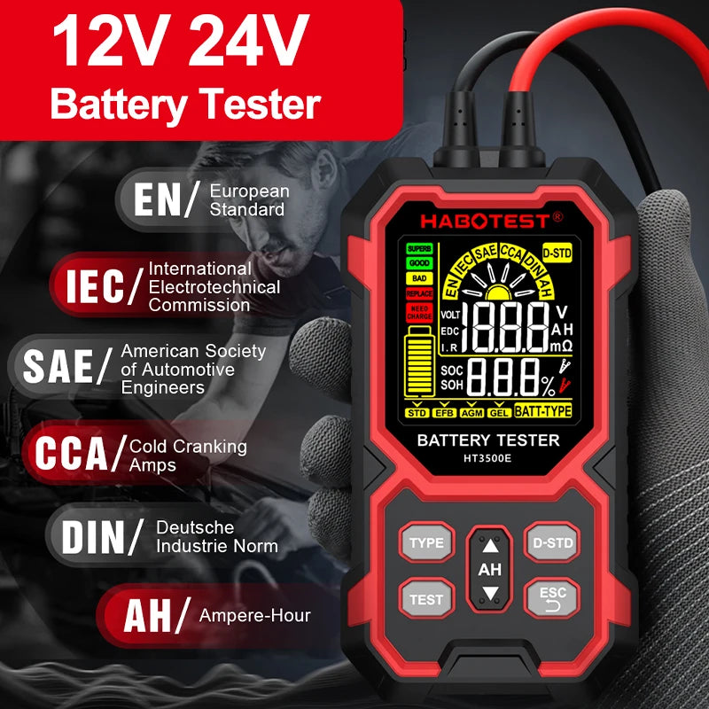 Testador de Baterias HT3500E 12V/24V com Ecrã Colorido para Lítio e Chumbo-Ácido