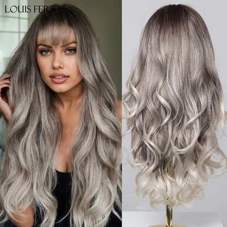 Long Wavy Layered Synthetic Wig with Brown Highlights and Side Bangs