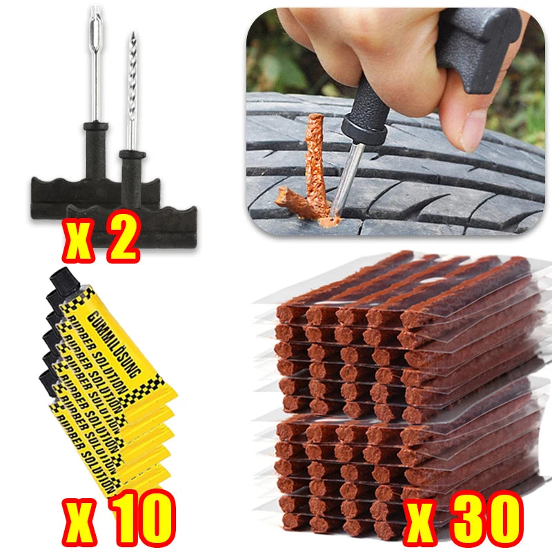 Car Tire Repair Tool Kit - Tubeless Tyre Puncture Plug Set for Motorcycles &amp; Trucks